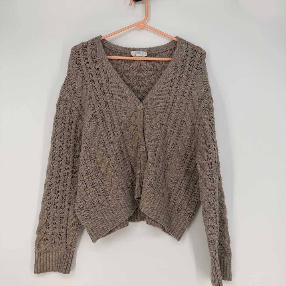 For The Republic Cardigan Womens Small Taupe Brown Cable Knit V-Neck Sweater
